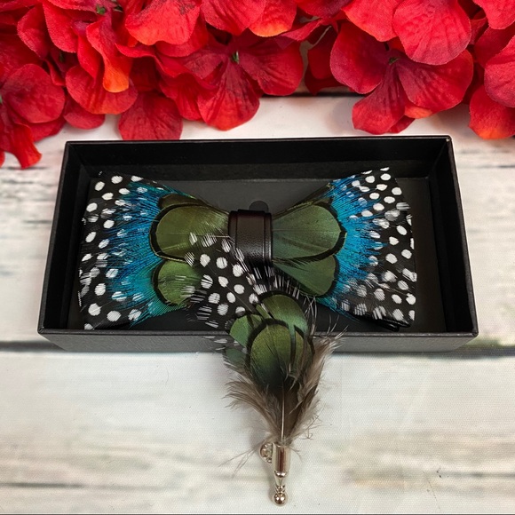 Handmade Blue and Green Spotted Feather Bow Tie Boutonnière Lapel Pin Set - Picture 2 of 12